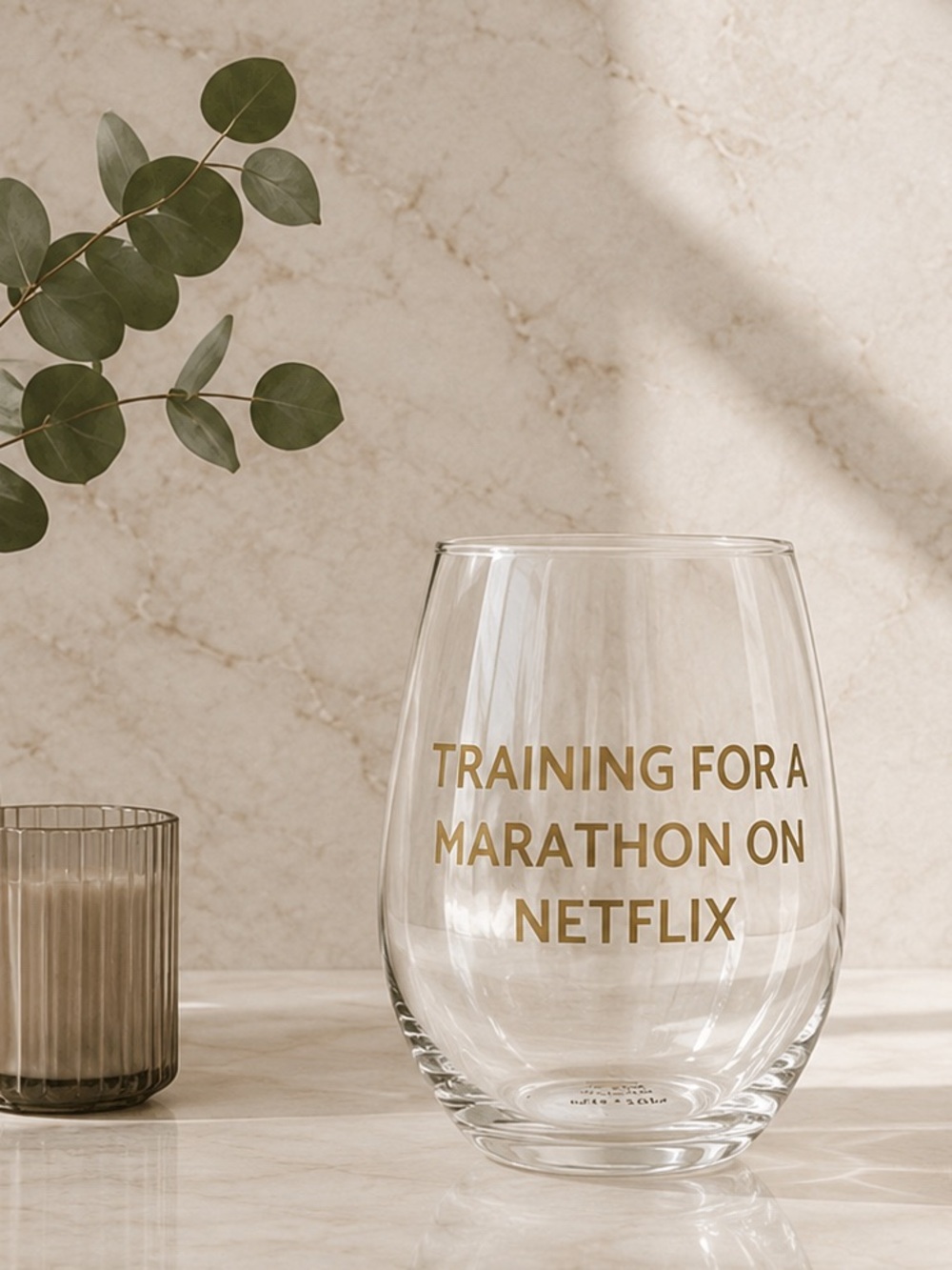 Stemless Wine Glass - “Training for a Marathon on Netflix” NEW IN BOX.